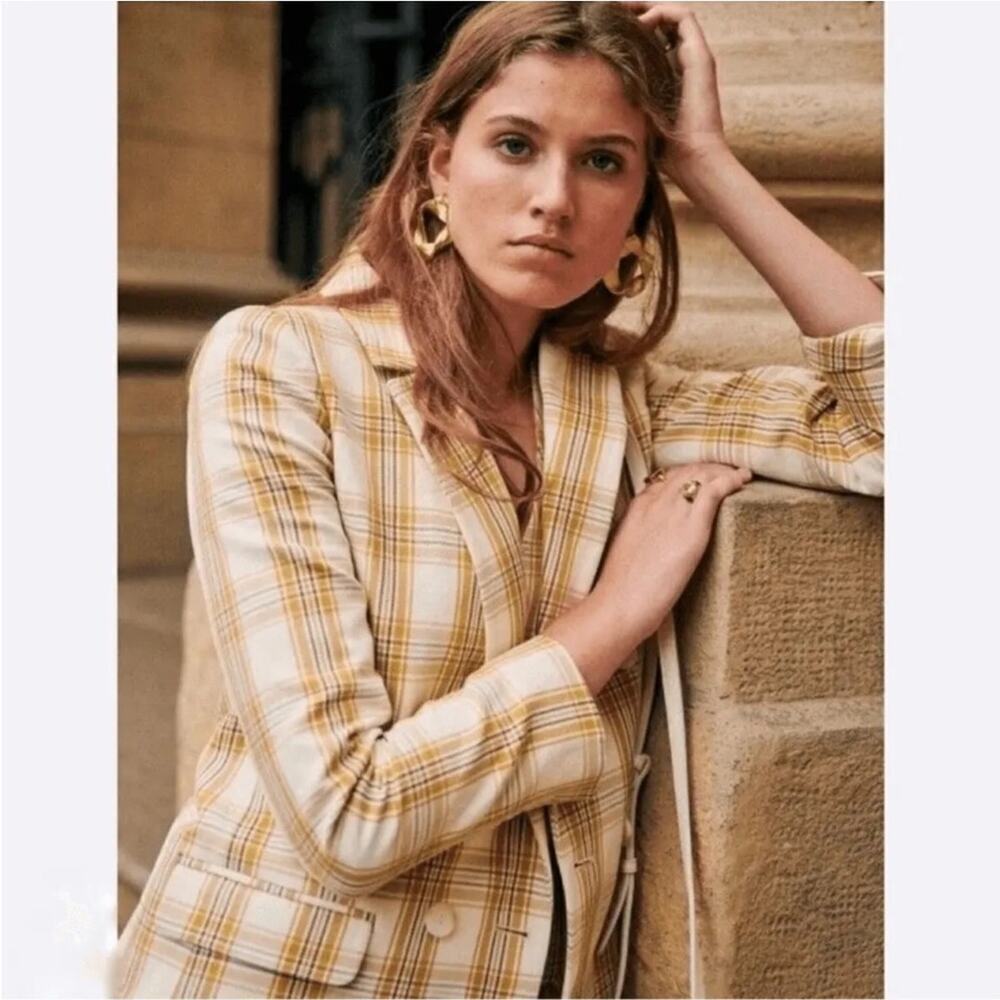 Sezane Christie Jacket Carreau Tile Plaid In Beige Ochre Bordeaux 38 US Size 6 - Picture 5 of 15